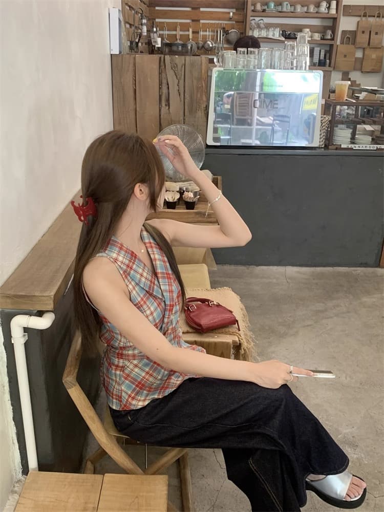 경관 그림 정가 체크무늬 V넥 캐미솔 새로운 달콤한 매운맛 바람 나비 매듭 허리 수축 몸매 가꾸기 슬림해 보이는 의류 ins 상세 이미지 11