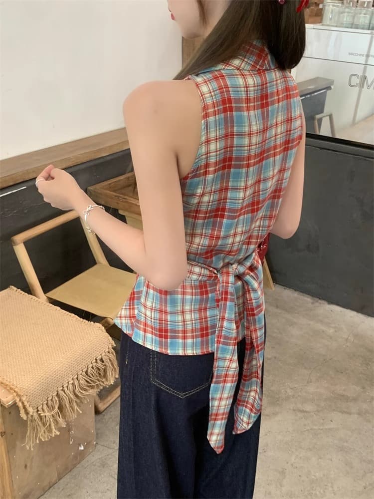 경관 그림 정가 체크무늬 V넥 캐미솔 새로운 달콤한 매운맛 바람 나비 매듭 허리 수축 몸매 가꾸기 슬림해 보이는 의류 ins 상세 이미지 12