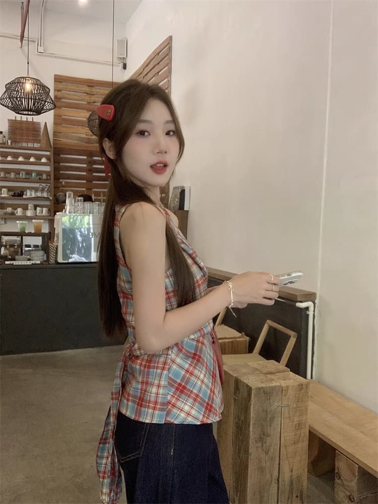 경관 그림 정가 체크무늬 V넥 캐미솔 새로운 달콤한 매운맛 바람 나비 매듭 허리 수축 몸매 가꾸기 슬림해 보이는 의류 ins 상세 이미지 13