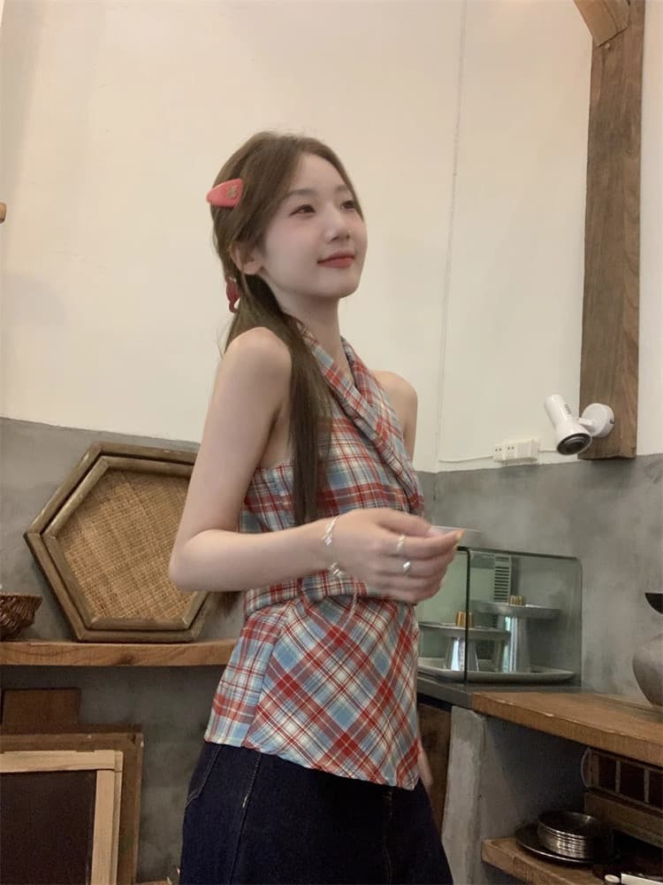 경관 그림 정가 체크무늬 V넥 캐미솔 새로운 달콤한 매운맛 바람 나비 매듭 허리 수축 몸매 가꾸기 슬림해 보이는 의류 ins 상세 이미지 14
