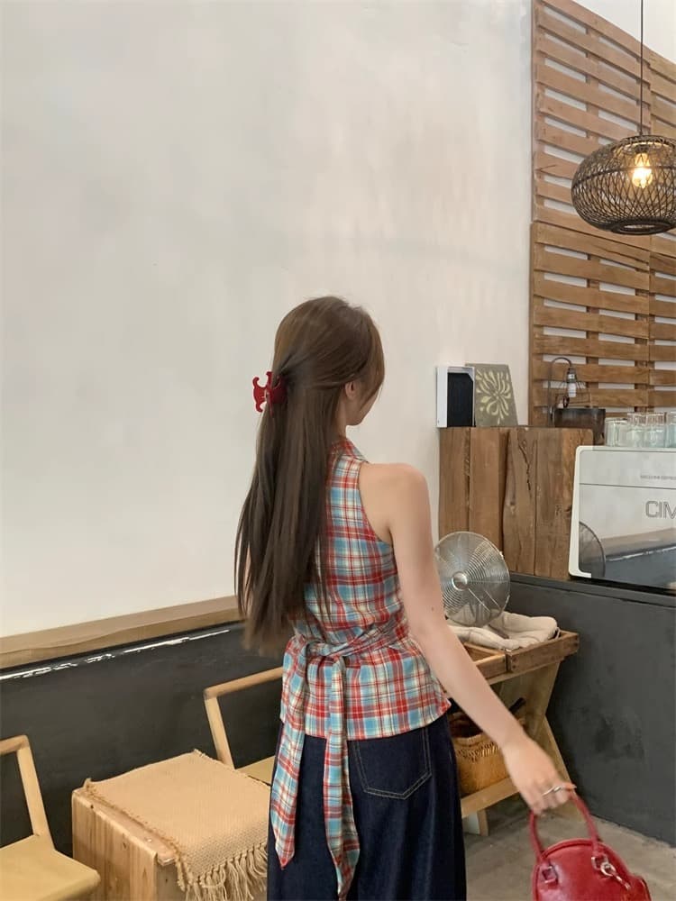 경관 그림 정가 체크무늬 V넥 캐미솔 새로운 달콤한 매운맛 바람 나비 매듭 허리 수축 몸매 가꾸기 슬림해 보이는 의류 ins 상세 이미지 15