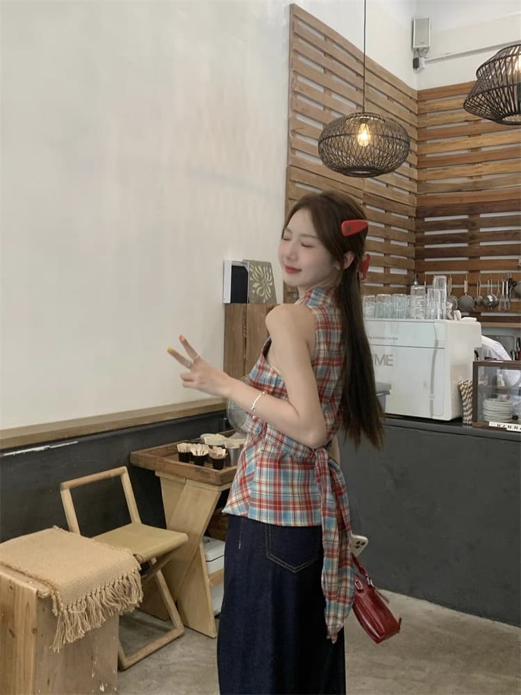 경관 그림 정가 체크무늬 V넥 캐미솔 새로운 달콤한 매운맛 바람 나비 매듭 허리 수축 몸매 가꾸기 슬림해 보이는 의류 ins 상세 이미지 16