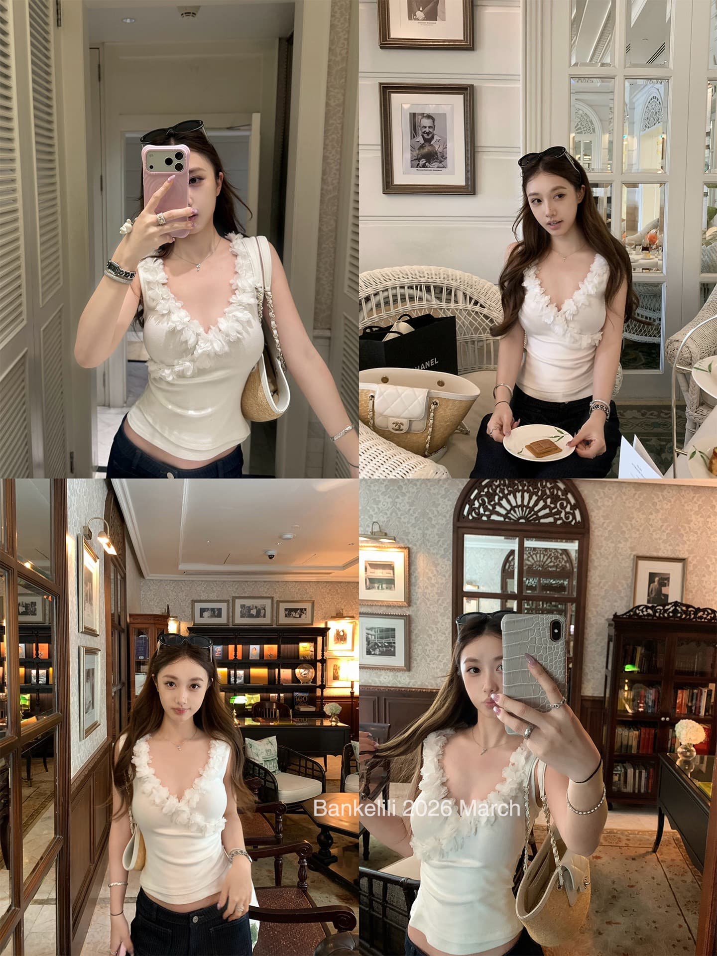 260 그램 사람들 면 달콤함 디자인 센스 3 차원 꽃 패치워크 십자가 V넥 허리 수축 Pleat Pleat 캐미솔 여름 이미지 3
