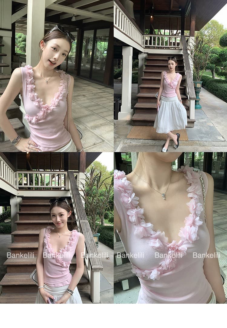 260 그램 사람들 면 달콤함 디자인 센스 3 차원 꽃 패치워크 십자가 V넥 허리 수축 Pleat Pleat 캐미솔 여름 상세 이미지 3