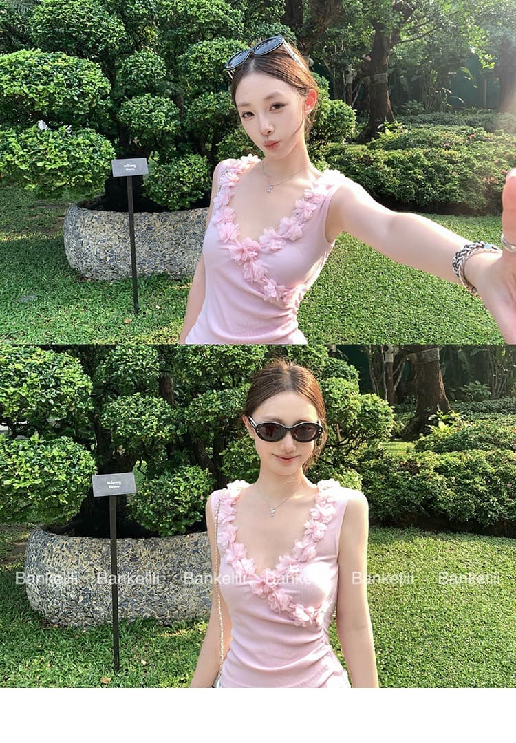260 그램 사람들 면 달콤함 디자인 센스 3 차원 꽃 패치워크 십자가 V넥 허리 수축 Pleat Pleat 캐미솔 여름 상세 이미지 4
