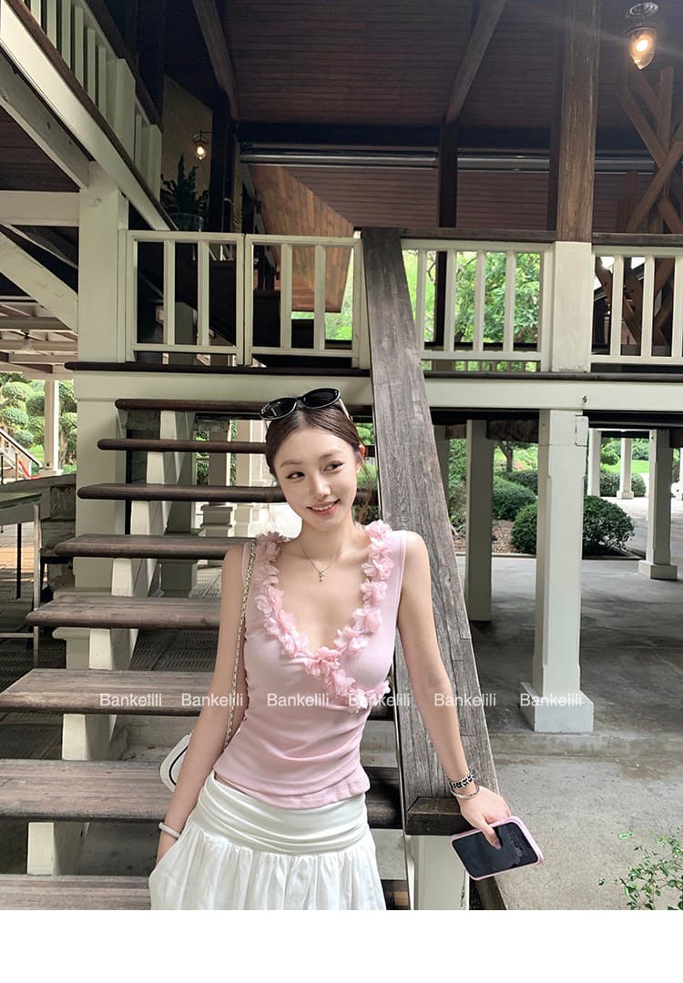 260 그램 사람들 면 달콤함 디자인 센스 3 차원 꽃 패치워크 십자가 V넥 허리 수축 Pleat Pleat 캐미솔 여름 상세 이미지 8