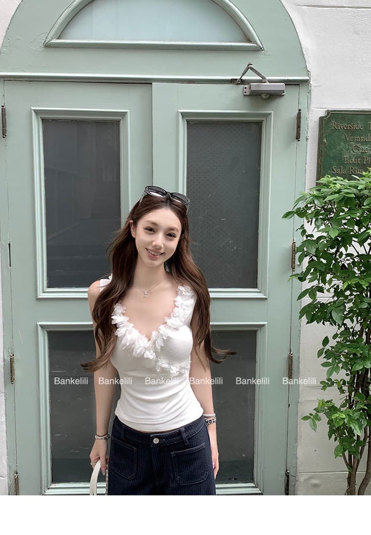 260 그램 사람들 면 달콤함 디자인 센스 3 차원 꽃 패치워크 십자가 V넥 허리 수축 Pleat Pleat 캐미솔 여름 상세 이미지 19
