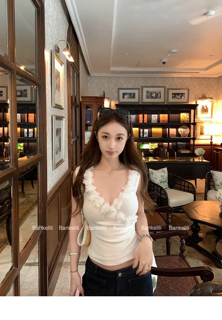 260 그램 사람들 면 달콤함 디자인 센스 3 차원 꽃 패치워크 십자가 V넥 허리 수축 Pleat Pleat 캐미솔 여름 상세 이미지 22