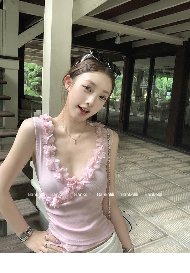 260 그램 사람들 면 달콤함 디자인 센스 3 차원 꽃 패치워크 십자가 V넥 허리 수축 Pleat Pleat 캐미솔 여름 상세 이미지 23