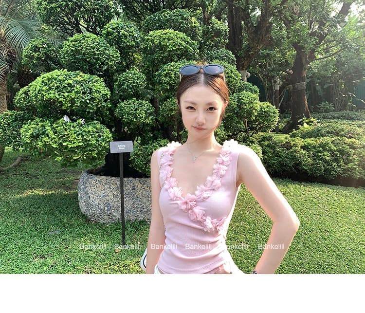 260 그램 사람들 면 달콤함 디자인 센스 3 차원 꽃 패치워크 십자가 V넥 허리 수축 Pleat Pleat 캐미솔 여름 상세 이미지 24