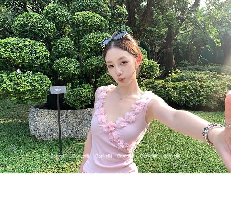 260 그램 사람들 면 달콤함 디자인 센스 3 차원 꽃 패치워크 십자가 V넥 허리 수축 Pleat Pleat 캐미솔 여름 상세 이미지 25