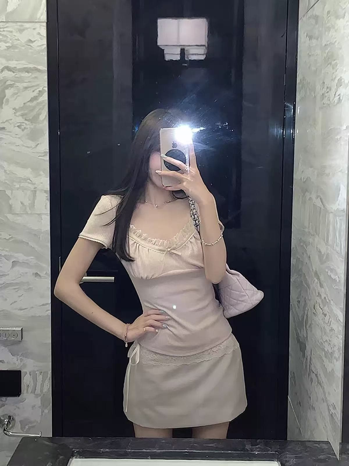 핑크색 나비 매듭 레이스 측면 광장 칼라 반팔 티셔츠 여성 여름 순수한 욕망 달콤한 핫걸 작은 맨위 자이언트 잘 생긴 아름다운 이미지 2