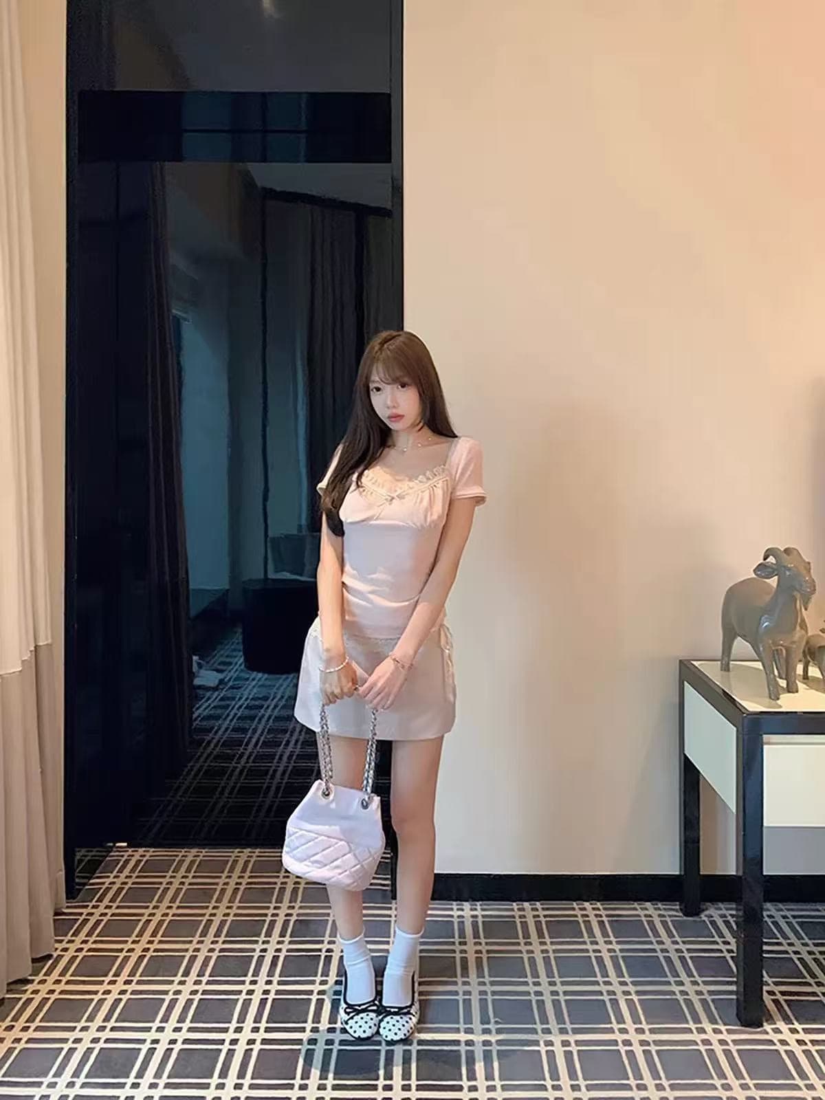 핑크색 나비 매듭 레이스 측면 광장 칼라 반팔 티셔츠 여성 여름 순수한 욕망 달콤한 핫걸 작은 맨위 자이언트 잘 생긴 아름다운 상세 이미지 6