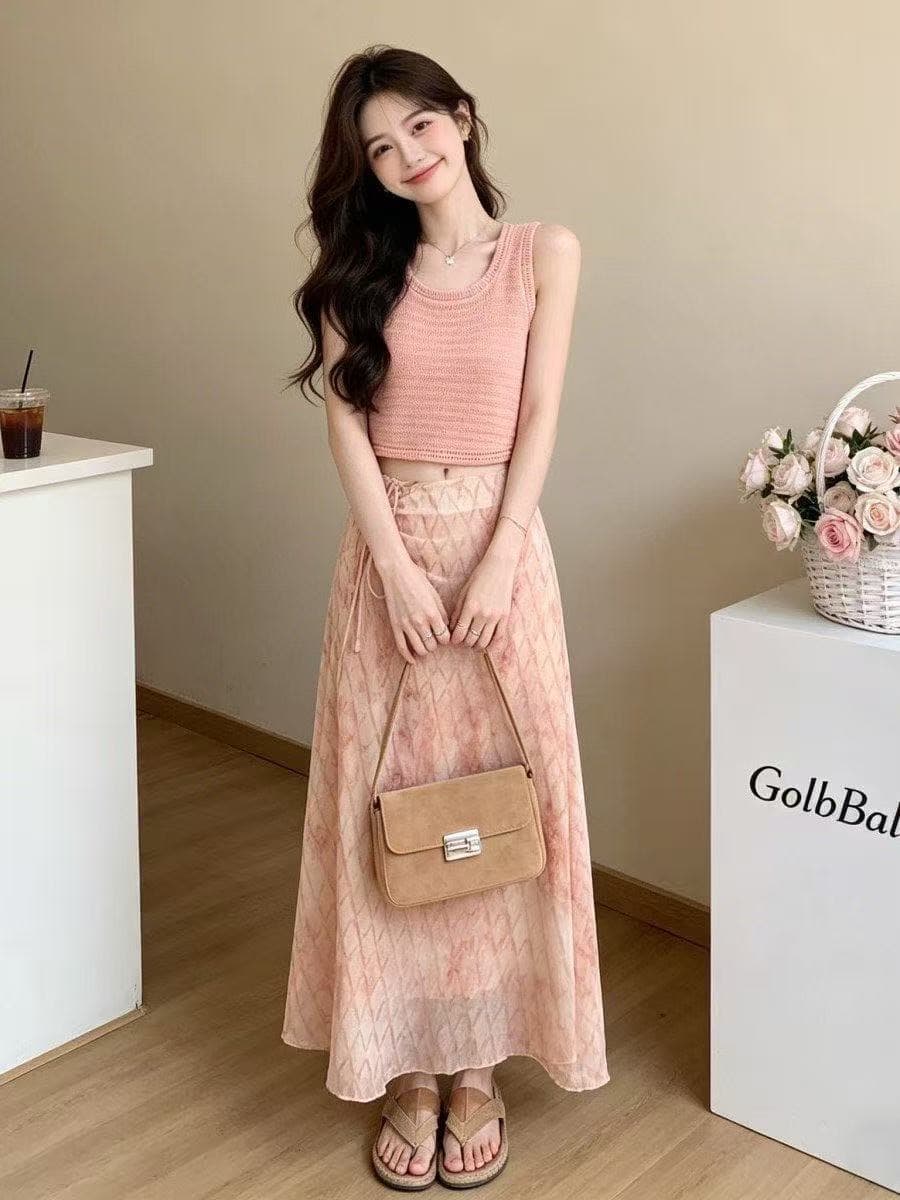 2026 슈퍼 화재 연령 감소 세트 여성 여름 새로운 휴가 바람 민소매 조끼 체크무늬 반신 스커트 투피스 세트 아름다운 상세 이미지 7