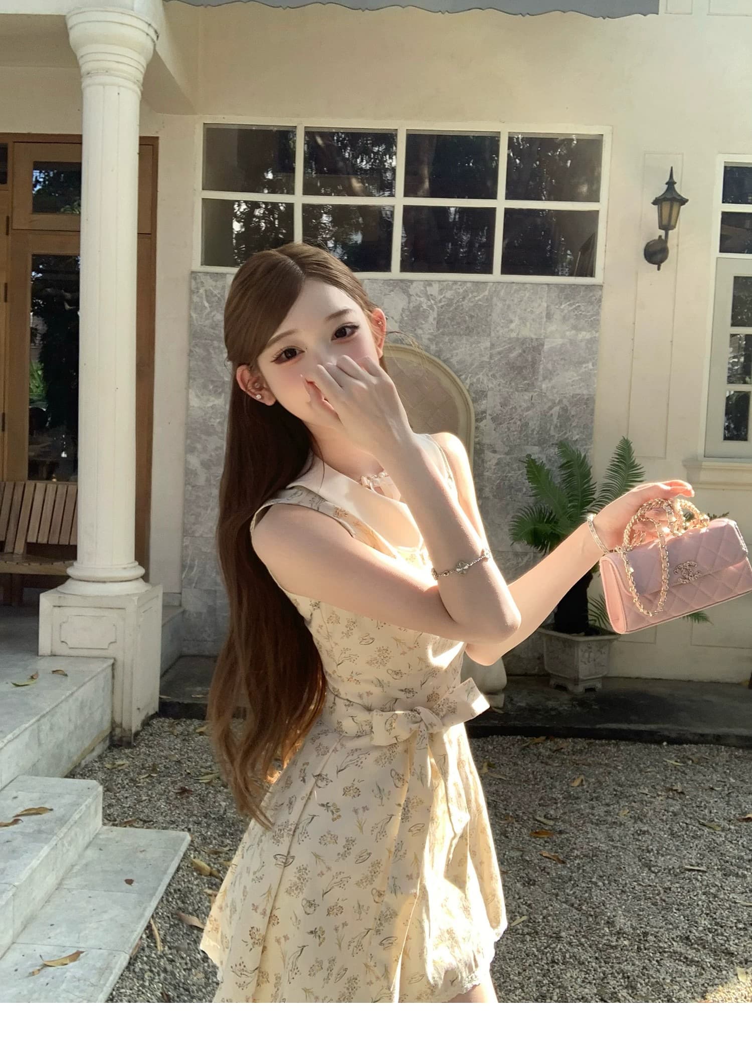 여름 새로운 베이비 칼라 민소매 레이스업 치마 슈퍼 잘 생긴 프랑스식 꽃무늬 드레스 허리 수축 슬림해 보이는 미니 스커트 여성 의류 상세 이미지 4