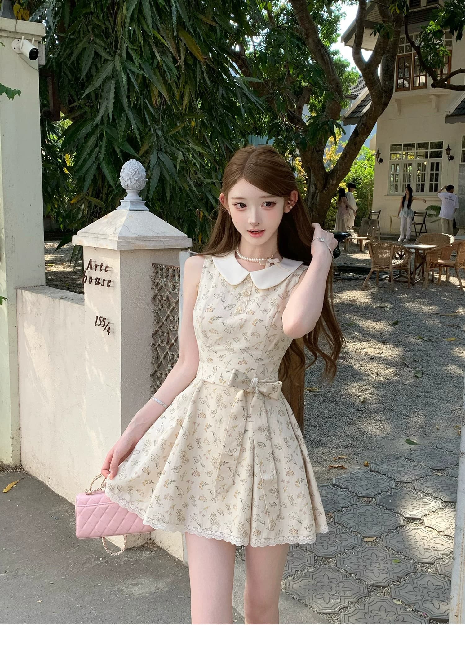 여름 새로운 베이비 칼라 민소매 레이스업 치마 슈퍼 잘 생긴 프랑스식 꽃무늬 드레스 허리 수축 슬림해 보이는 미니 스커트 여성 의류 상세 이미지 5