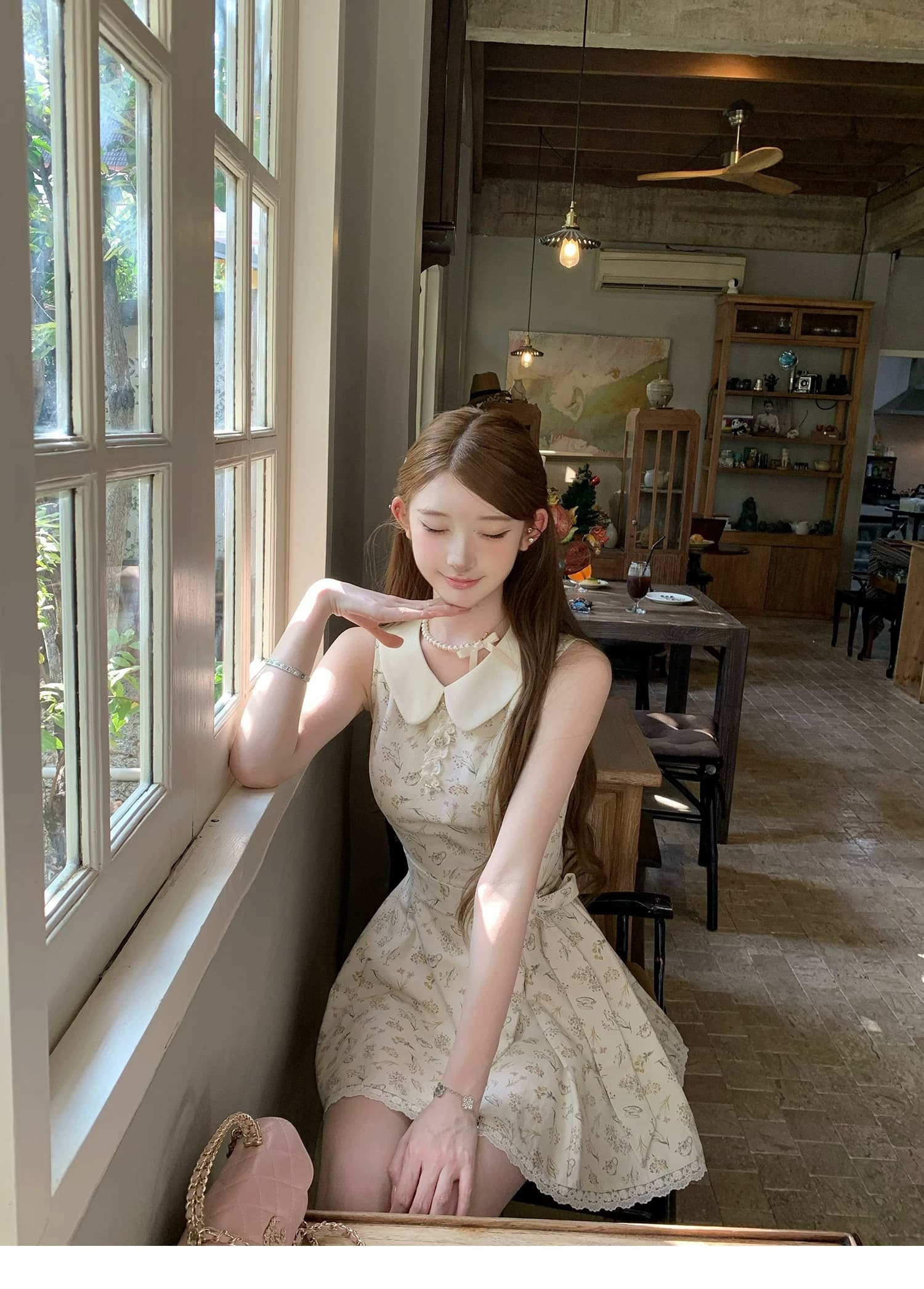 여름 새로운 베이비 칼라 민소매 레이스업 치마 슈퍼 잘 생긴 프랑스식 꽃무늬 드레스 허리 수축 슬림해 보이는 미니 스커트 여성 의류 상세 이미지 8