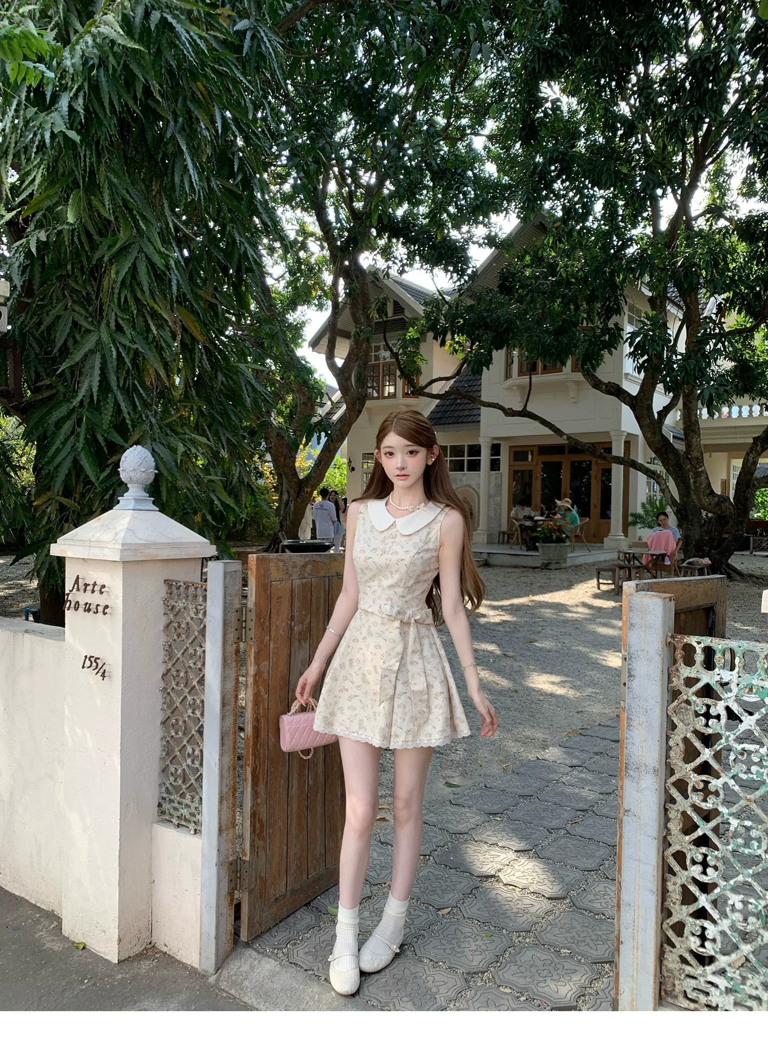 여름 새로운 베이비 칼라 민소매 레이스업 치마 슈퍼 잘 생긴 프랑스식 꽃무늬 드레스 허리 수축 슬림해 보이는 미니 스커트 여성 의류 상세 이미지 12