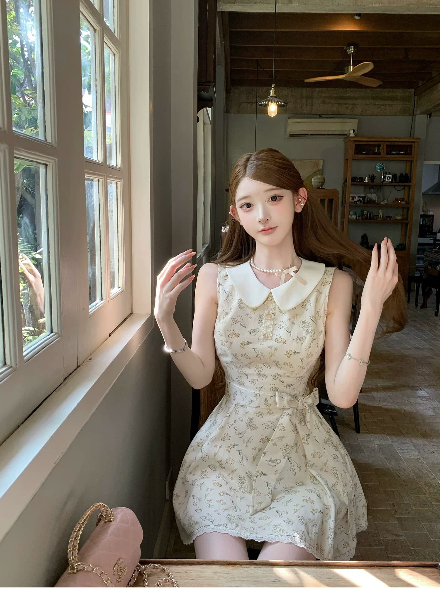 여름 새로운 베이비 칼라 민소매 레이스업 치마 슈퍼 잘 생긴 프랑스식 꽃무늬 드레스 허리 수축 슬림해 보이는 미니 스커트 여성 의류 상세 이미지 16