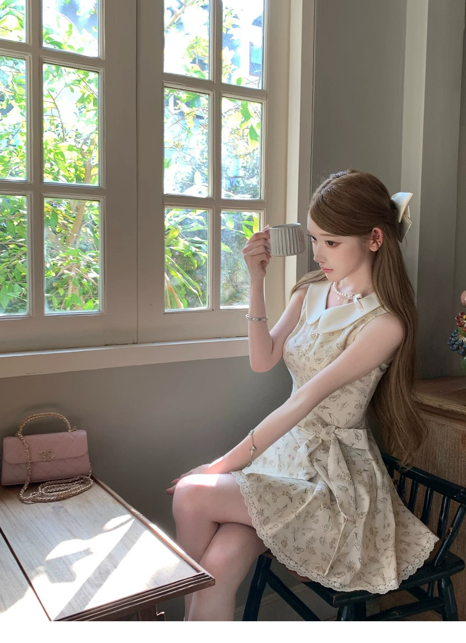 여름 새로운 베이비 칼라 민소매 레이스업 치마 슈퍼 잘 생긴 프랑스식 꽃무늬 드레스 허리 수축 슬림해 보이는 미니 스커트 여성 의류 상세 이미지 17
