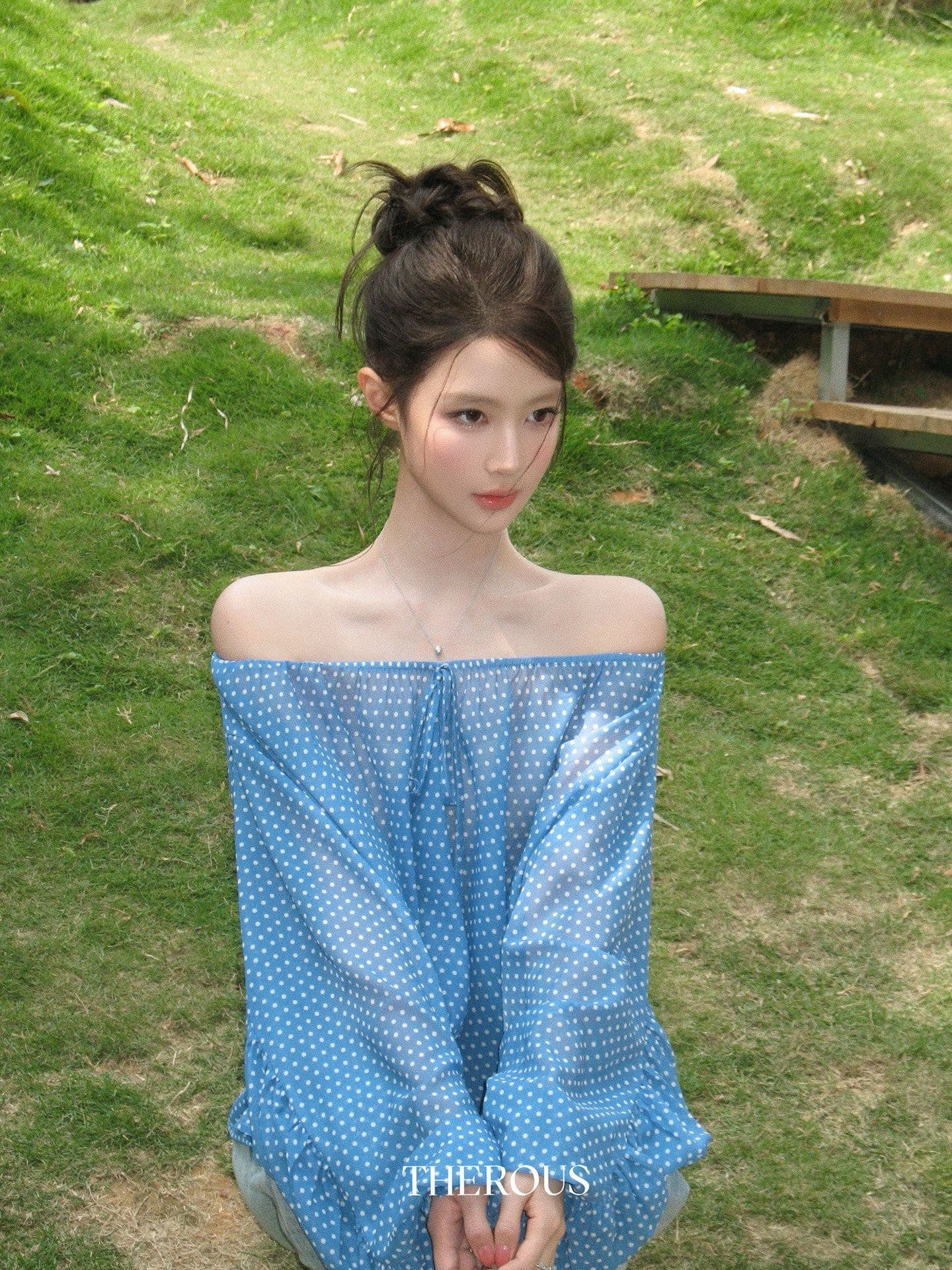 오프숄더 도트 무늬 레이스업 얇은 스타일 시폰 셔츠 여성 여름 루즈핏 마이크로 ~을 통해 디자인 센스 긴팔 맨위 상세 이미지 10
