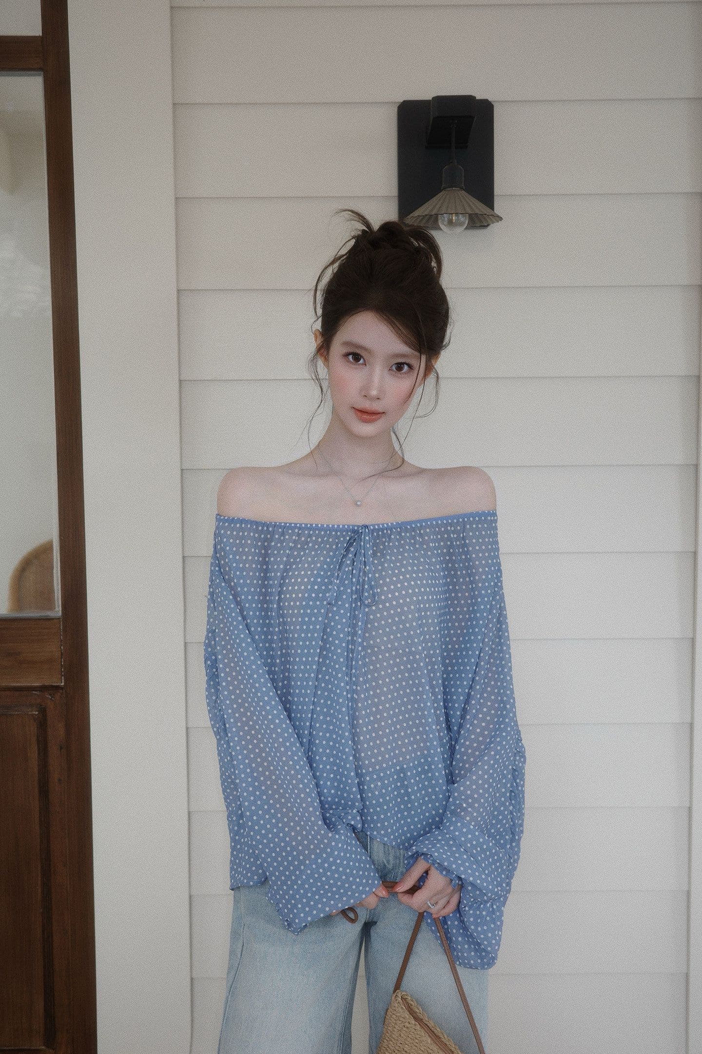 오프숄더 도트 무늬 레이스업 얇은 스타일 시폰 셔츠 여성 여름 루즈핏 마이크로 ~을 통해 디자인 센스 긴팔 맨위 상세 이미지 22