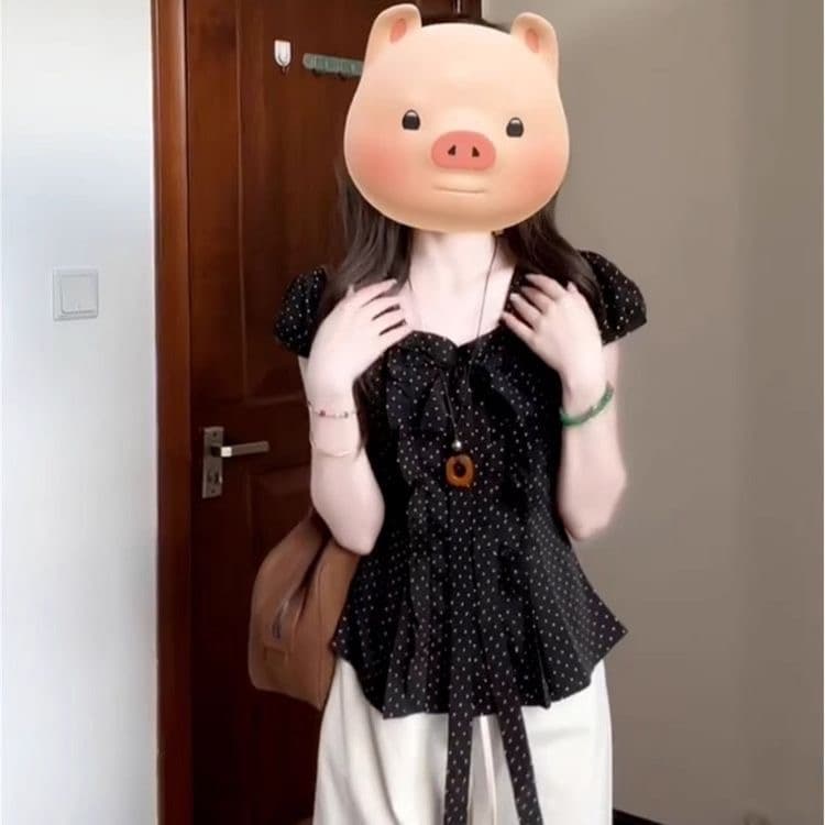 고급 나비 넥타이 반팔 도트 무늬 버블 셔츠 여름 쇼트 스타일 허리 수축 슬림해 보이는 품격 아름다운 맨위 상세 이미지 5