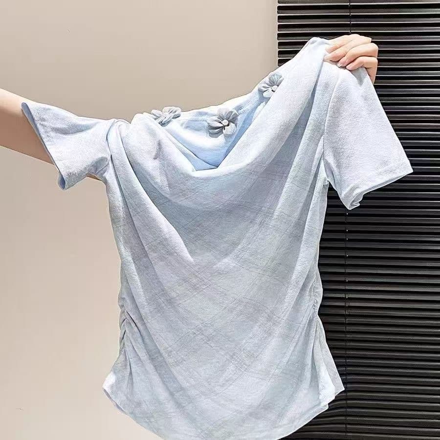체크무늬 한 부서 페이크 레이어드 순수한 욕망 주름 반팔 티셔츠 여성 여름 몸매 가꾸기 허리 수축 맨위 핫걸 품격 다용도 이미지 5