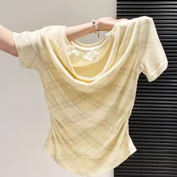 체크무늬 한 부서 페이크 레이어드 순수한 욕망 주름 반팔 티셔츠 여성 여름 몸매 가꾸기 허리 수축 맨위 핫걸 품격 다용도 상세 이미지 4