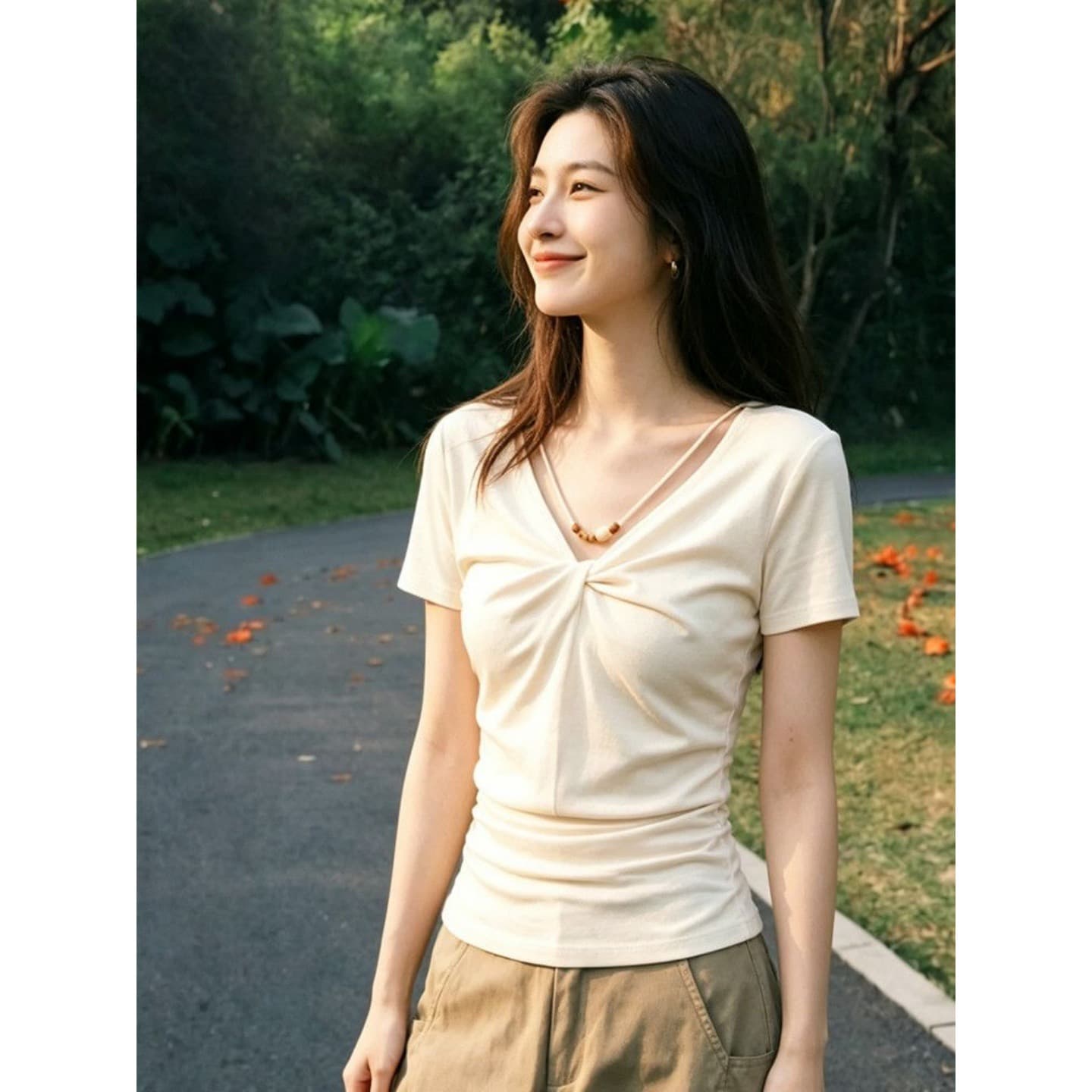 사람들 면 260 그램 한 부서 부드러운 바람 프릴 캐미솔 레이스업 오픈 가디건 맨위 투피스 세트 상세 이미지 4