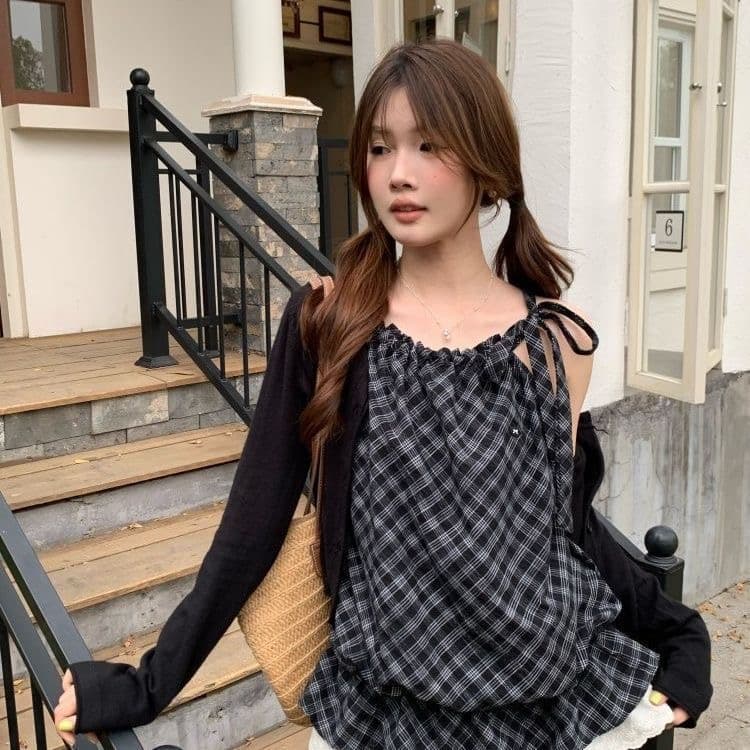 체크무늬 측면 레이스업 행침 목 조끼 작은 셔츠 2026 한 부서 품격 부드러운 캐주얼 다용도 연령 감소 맨위 상세 이미지 2