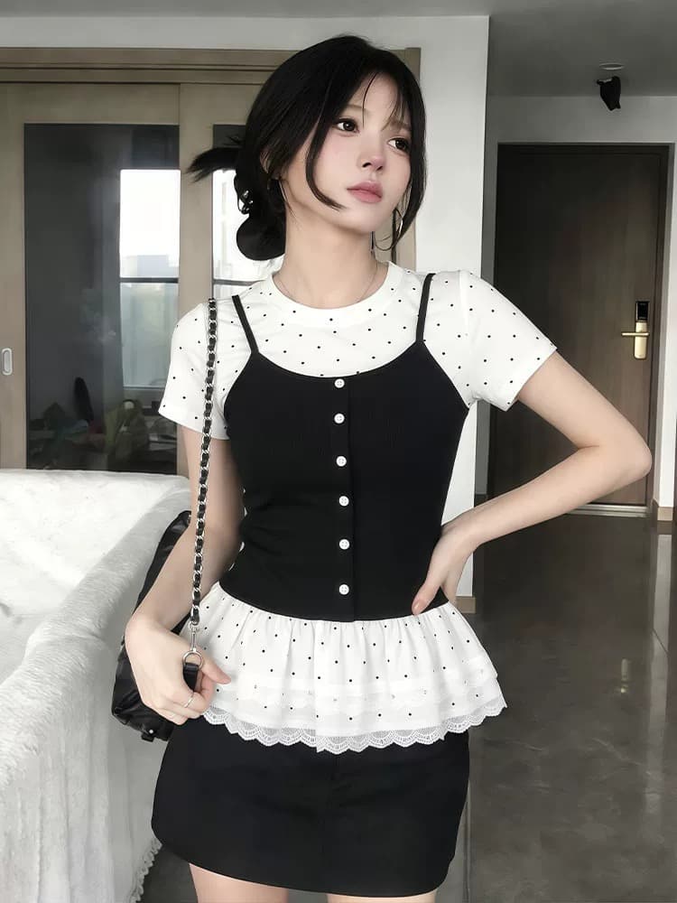 사람들 면 260 그램 빅 사이즈 지방 mm 한 부서 달콤함 페이크 레이어드 반팔 티셔츠 여성 의류 여름 발레 바람 슬림해 보이는 가스 이미지 4