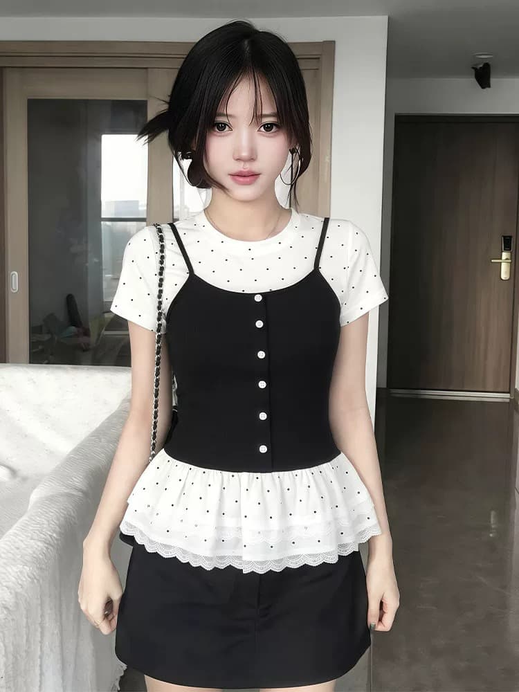 사람들 면 260 그램 빅 사이즈 지방 mm 한 부서 달콤함 페이크 레이어드 반팔 티셔츠 여성 의류 여름 발레 바람 슬림해 보이는 가스