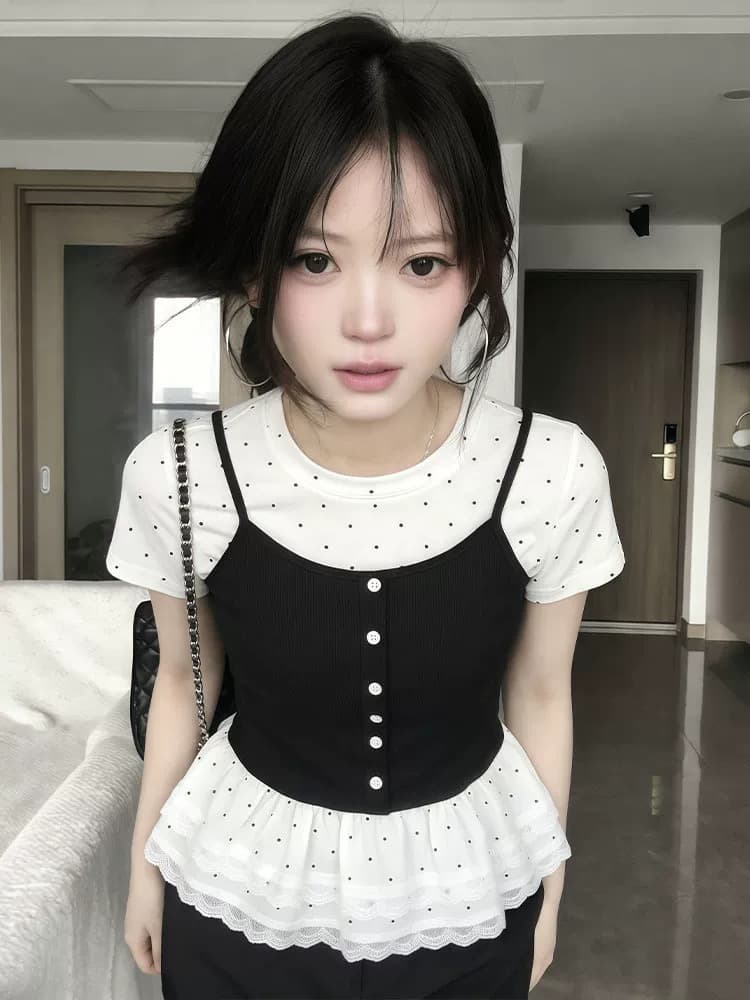 사람들 면 260 그램 빅 사이즈 지방 mm 한 부서 달콤함 페이크 레이어드 반팔 티셔츠 여성 의류 여름 발레 바람 슬림해 보이는 가스 상세 이미지 4