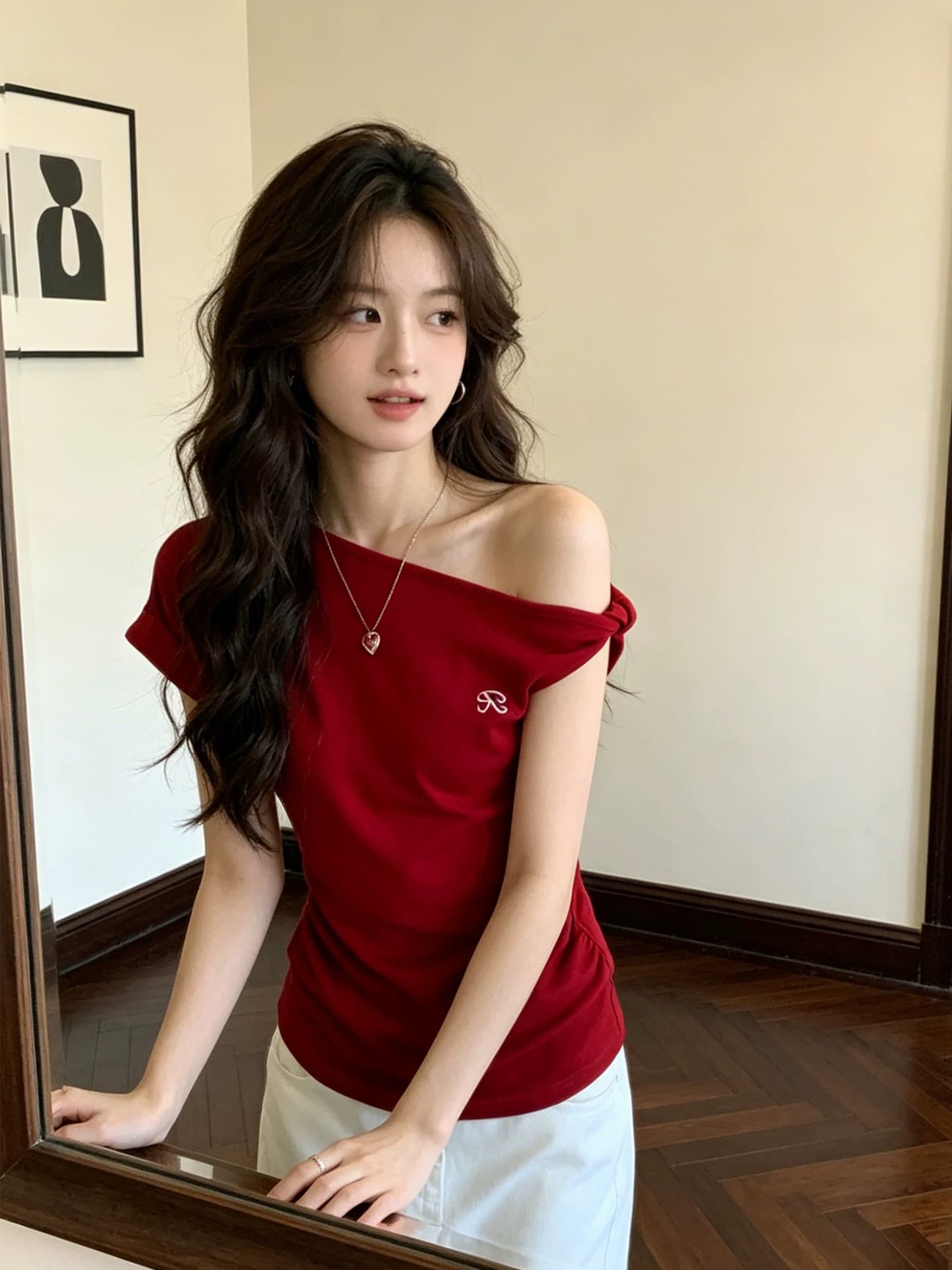 사람들 면 260 그램 핫걸 빨간색 비스듬한 어깨 반팔 티셔츠 여성 몸매 가꾸기 디자인 센스 오프숄더 고유 한 아름다운 맨위 이미지 3