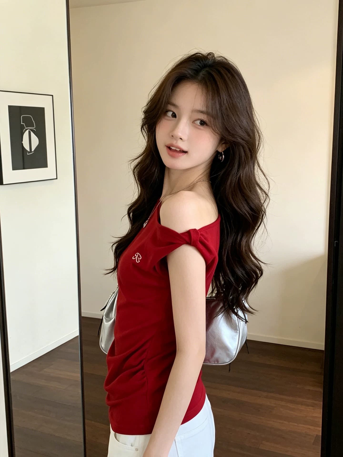 사람들 면 260 그램 핫걸 빨간색 비스듬한 어깨 반팔 티셔츠 여성 몸매 가꾸기 디자인 센스 오프숄더 고유 한 아름다운 맨위 이미지 4