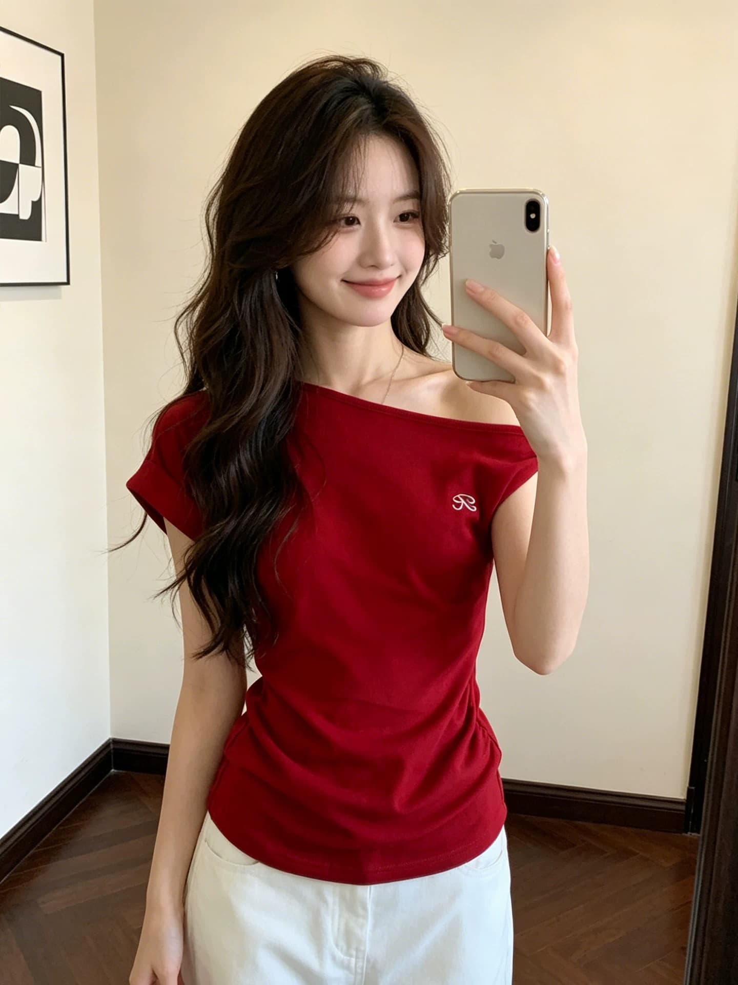 사람들 면 260 그램 핫걸 빨간색 비스듬한 어깨 반팔 티셔츠 여성 몸매 가꾸기 디자인 센스 오프숄더 고유 한 아름다운 맨위 상세 이미지 4