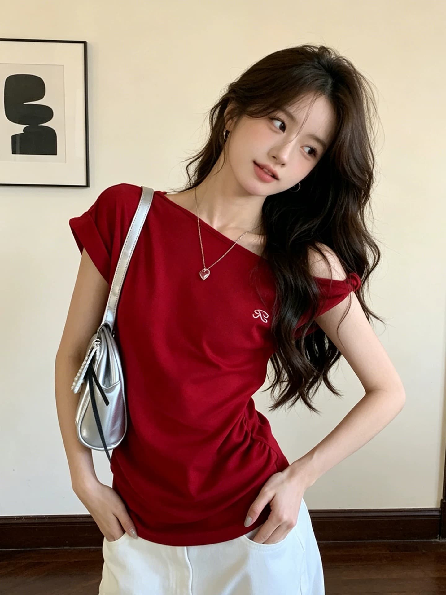 사람들 면 260 그램 핫걸 빨간색 비스듬한 어깨 반팔 티셔츠 여성 몸매 가꾸기 디자인 센스 오프숄더 고유 한 아름다운 맨위 상세 이미지 6