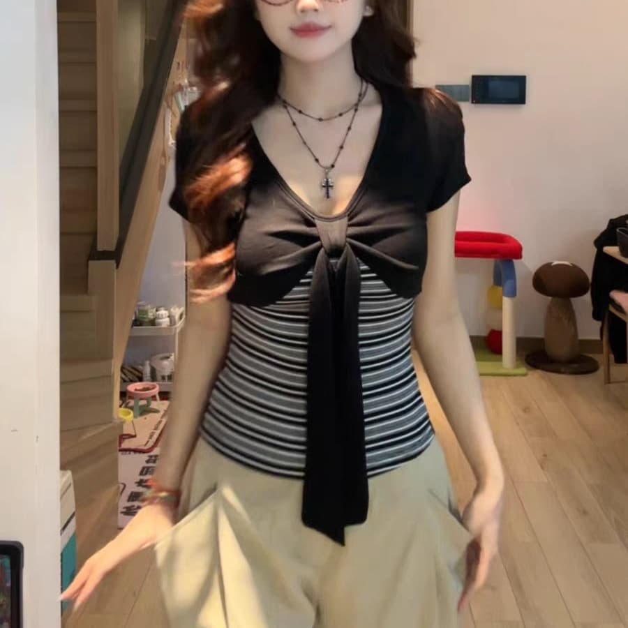 원본 주간 실크 사람들 면 섹션 여름 티셔츠 여성 스트라이프 페이크 레이어드 V넥 반팔 몸매 가꾸기 슬림해 보이는 나비 매듭 맨위 이미지 5
