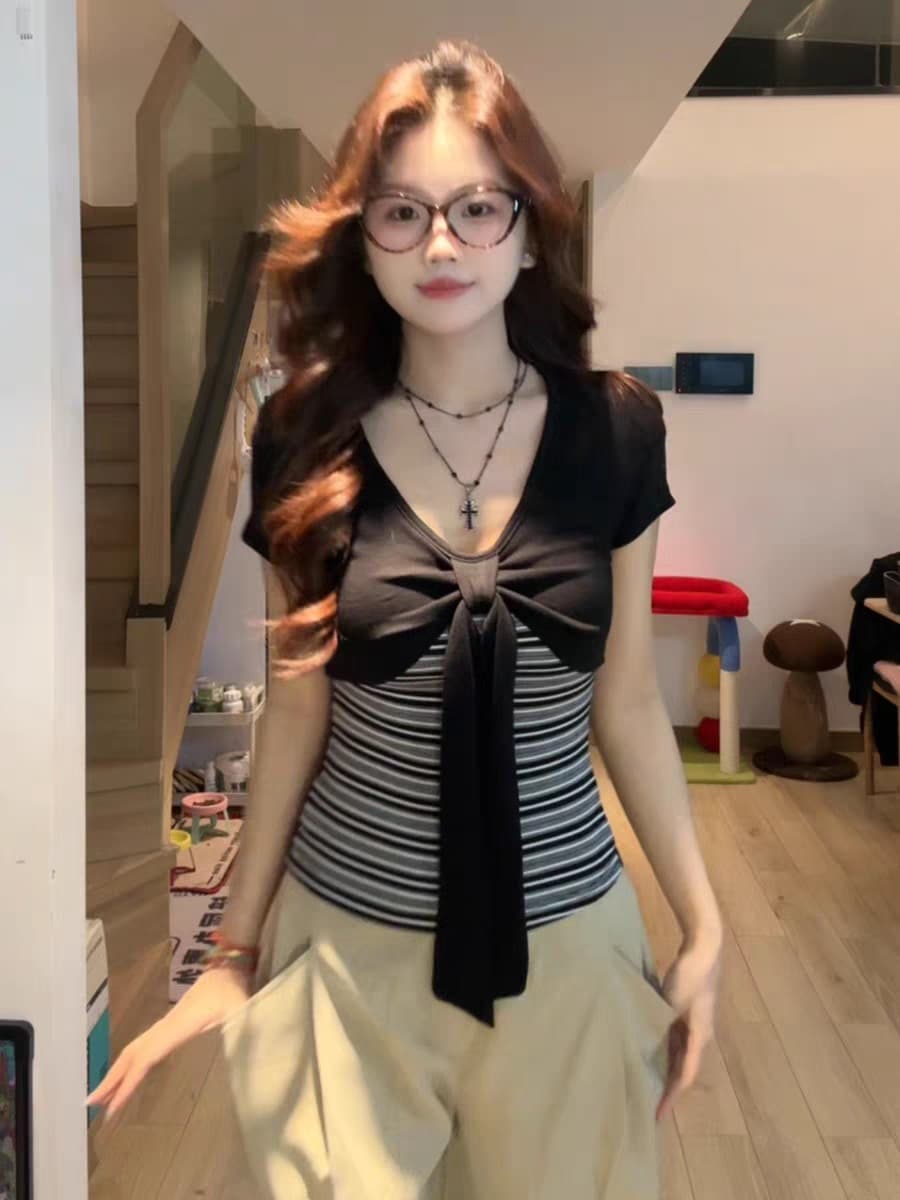 원본 주간 실크 사람들 면 섹션 여름 티셔츠 여성 스트라이프 페이크 레이어드 V넥 반팔 몸매 가꾸기 슬림해 보이는 나비 매듭 맨위 상세 이미지 2