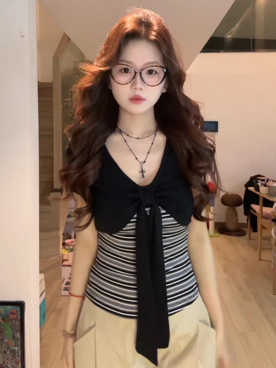 원본 주간 실크 사람들 면 섹션 여름 티셔츠 여성 스트라이프 페이크 레이어드 V넥 반팔 몸매 가꾸기 슬림해 보이는 나비 매듭 맨위 상세 이미지 6