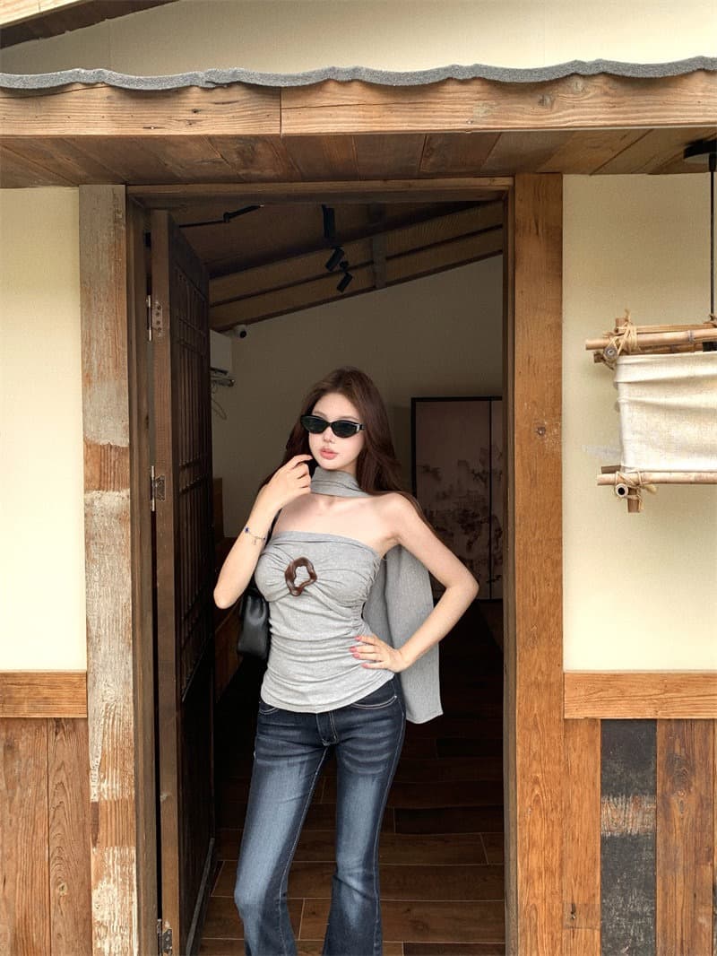 회색 행침 목 원형 고리 리본 캐미솔 여름 디자인 센스 몸매 가꾸기 기본 셔츠 순수한 욕망 바람 쇼트 스타일 맨위 상세 이미지 9