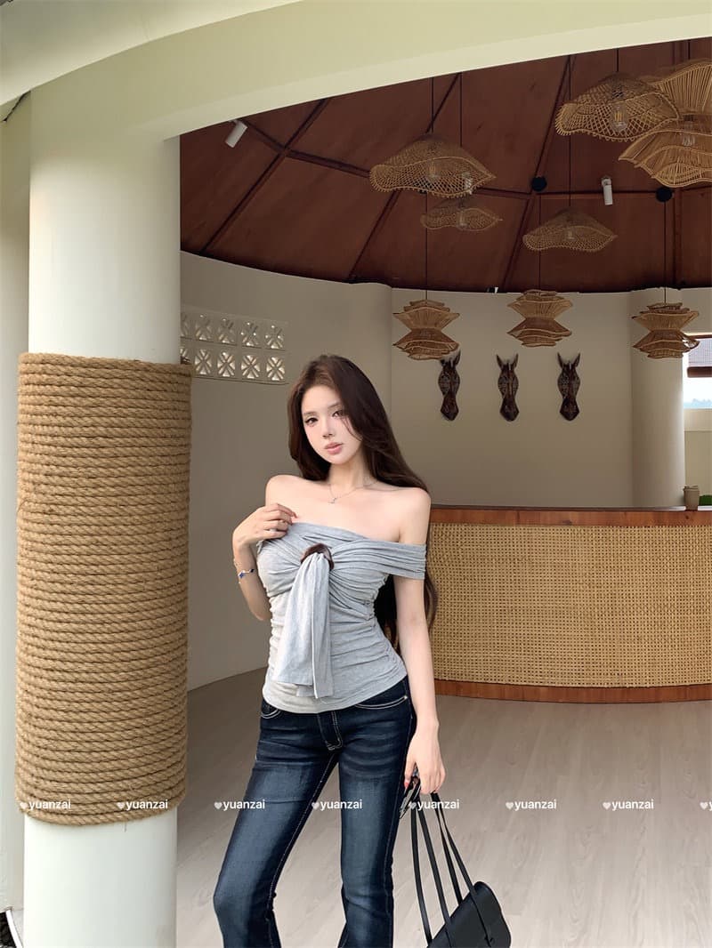 회색 행침 목 원형 고리 리본 캐미솔 여름 디자인 센스 몸매 가꾸기 기본 셔츠 순수한 욕망 바람 쇼트 스타일 맨위 상세 이미지 12