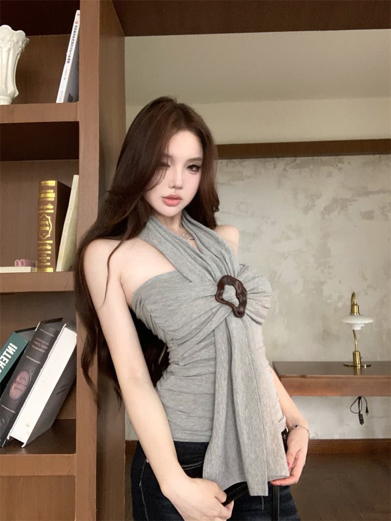 회색 행침 목 원형 고리 리본 캐미솔 여름 디자인 센스 몸매 가꾸기 기본 셔츠 순수한 욕망 바람 쇼트 스타일 맨위 상세 이미지 13