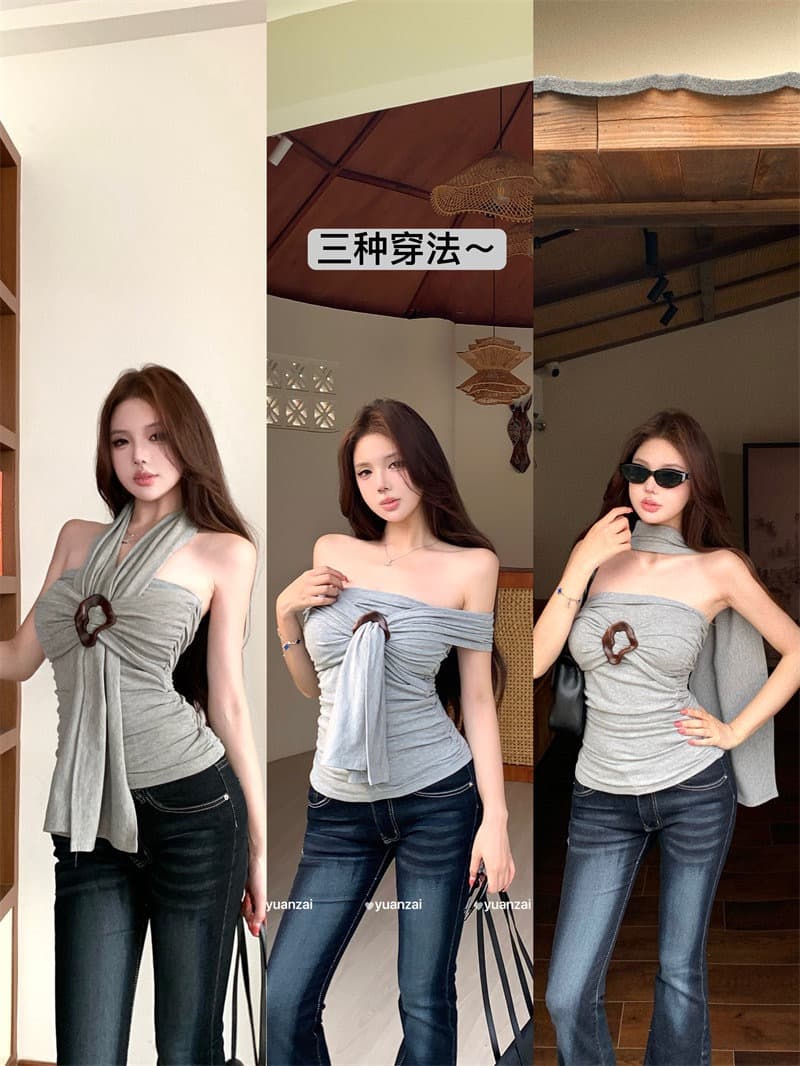 회색 행침 목 원형 고리 리본 캐미솔 여름 디자인 센스 몸매 가꾸기 기본 셔츠 순수한 욕망 바람 쇼트 스타일 맨위 상세 이미지 14