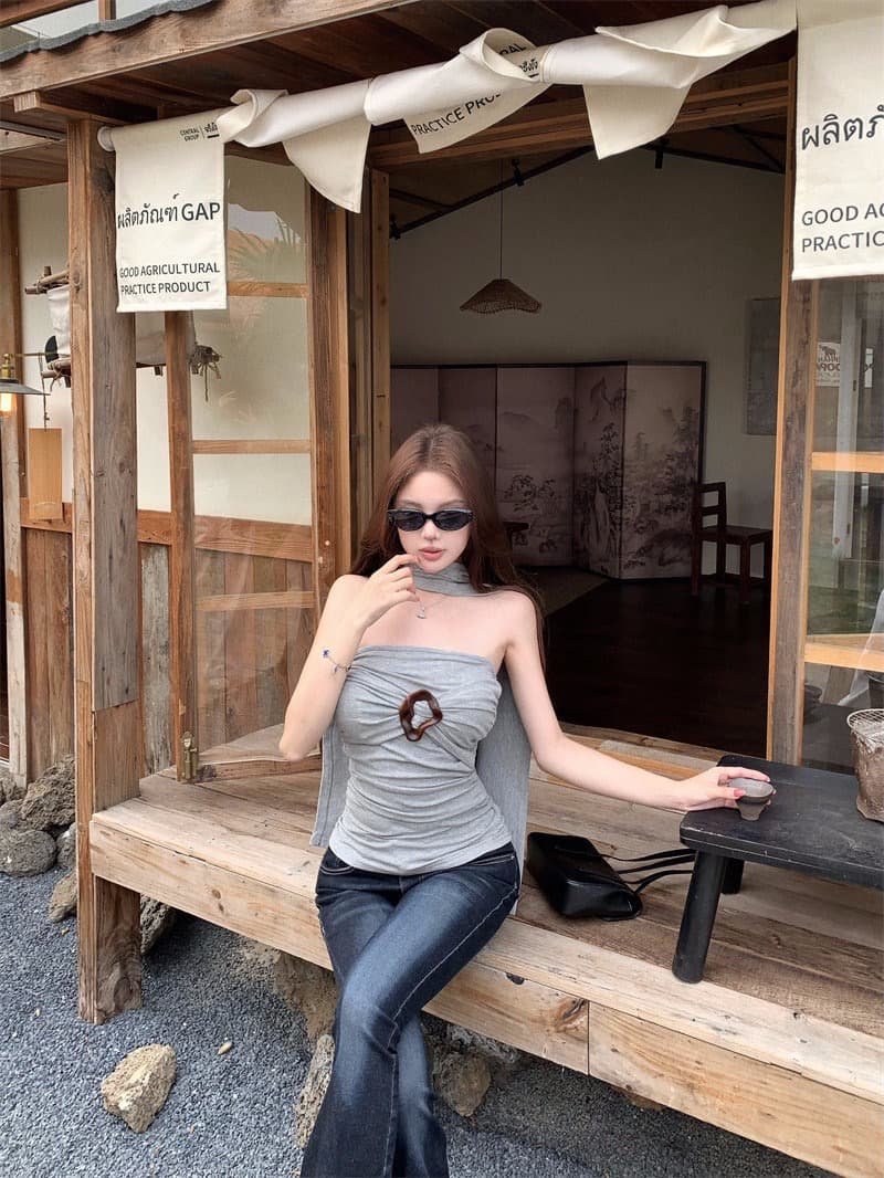 회색 행침 목 원형 고리 리본 캐미솔 여름 디자인 센스 몸매 가꾸기 기본 셔츠 순수한 욕망 바람 쇼트 스타일 맨위 상세 이미지 15