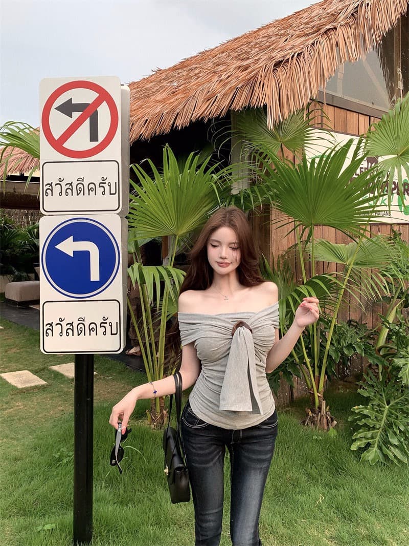 회색 행침 목 원형 고리 리본 캐미솔 여름 디자인 센스 몸매 가꾸기 기본 셔츠 순수한 욕망 바람 쇼트 스타일 맨위 상세 이미지 16