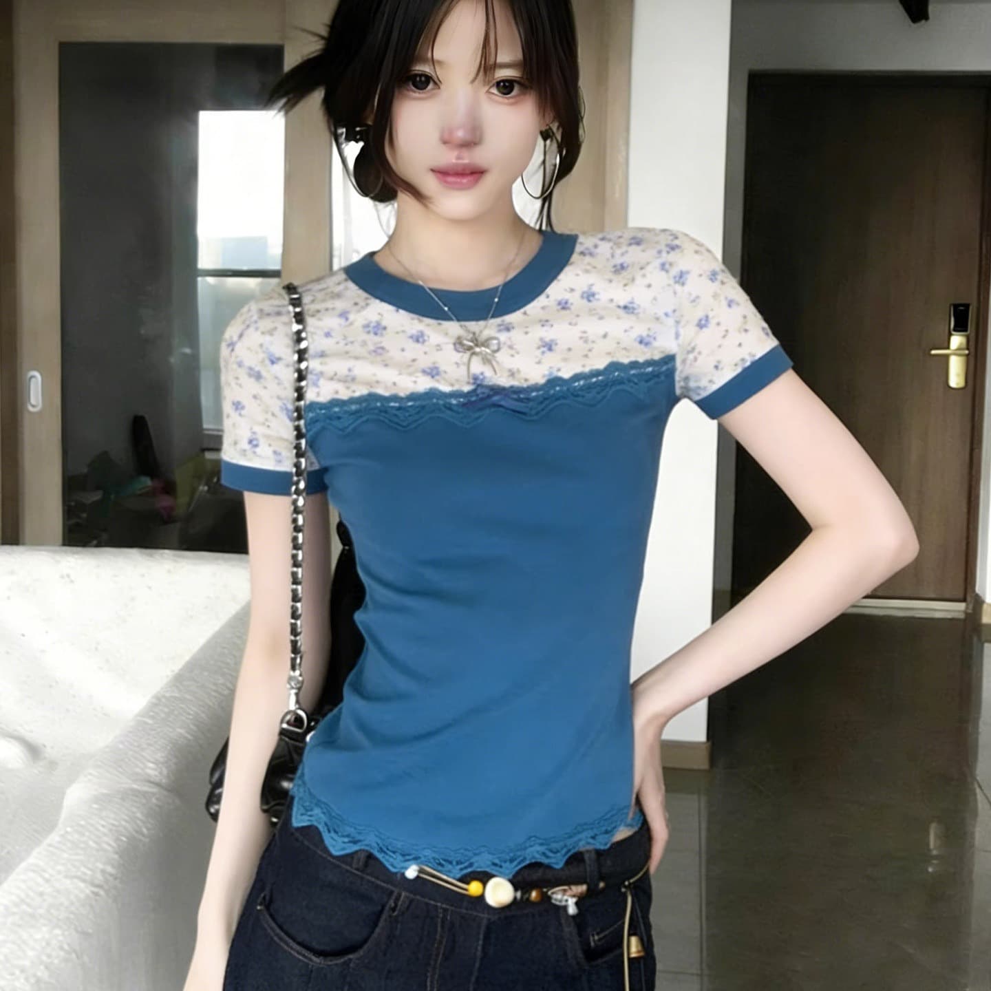 260 그램 사람들 면 패치워크 꽃무늬 나비 매듭 반팔 티셔츠 여성 여름 몸매 가꾸기 슬림해 보이는 레이스 디자인 센스 작은 맨위 이미지 5