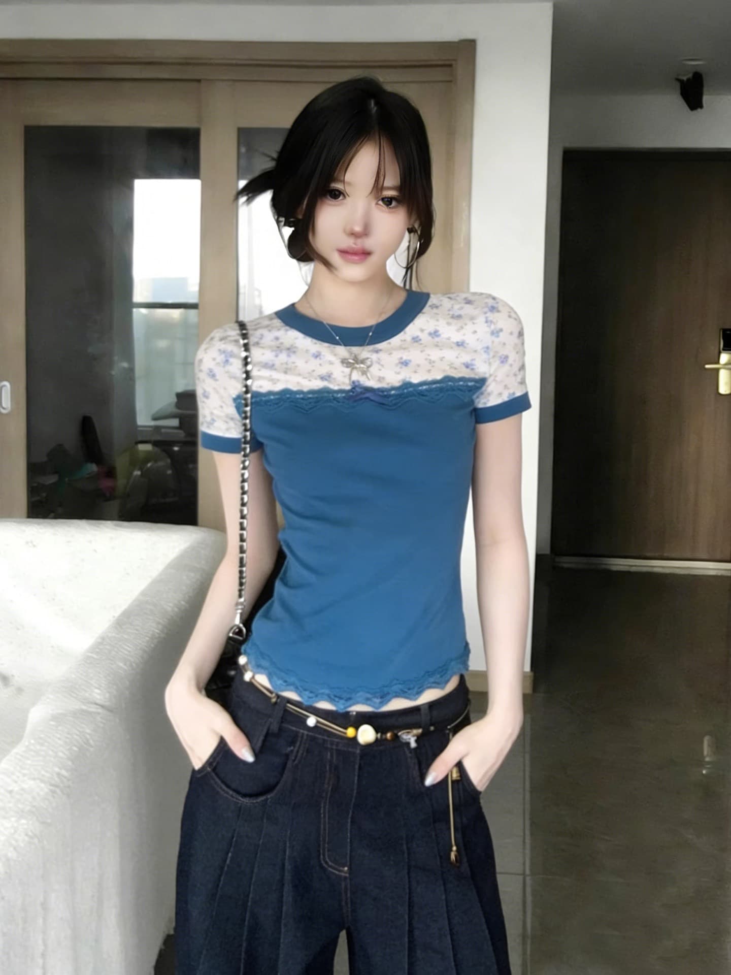 260 그램 사람들 면 패치워크 꽃무늬 나비 매듭 반팔 티셔츠 여성 여름 몸매 가꾸기 슬림해 보이는 레이스 디자인 센스 작은 맨위 이미지 2