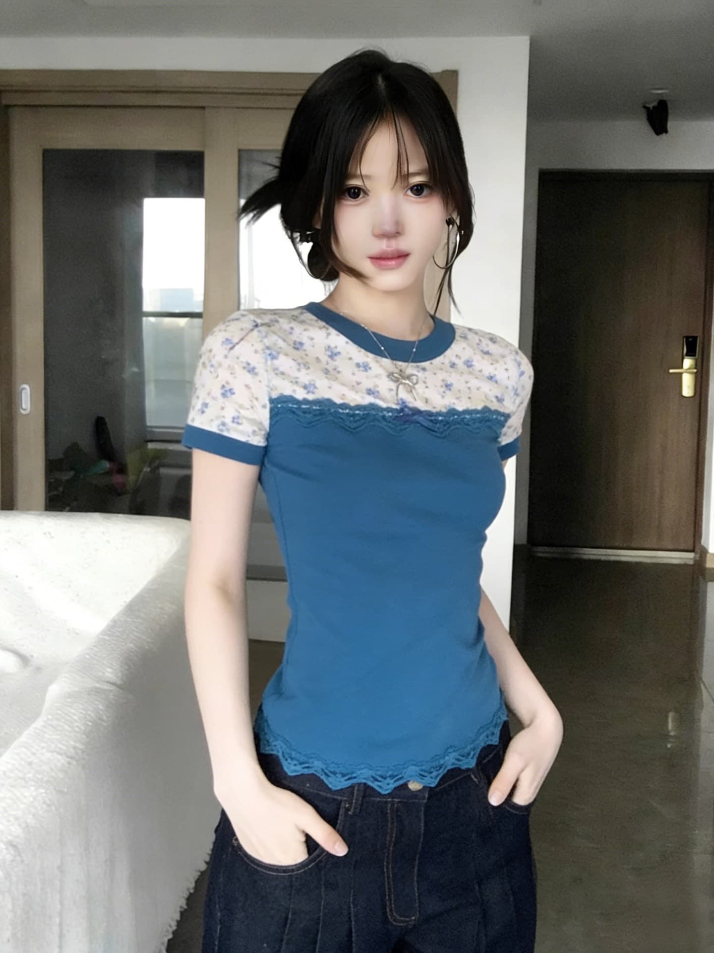 260 그램 사람들 면 패치워크 꽃무늬 나비 매듭 반팔 티셔츠 여성 여름 몸매 가꾸기 슬림해 보이는 레이스 디자인 센스 작은 맨위 이미지 4